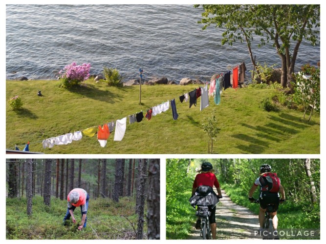 Kuvakollaasi. Yläosassa on kuva vaatteista, jotka roikkuvat pyykkinarussa järven rannalla. Toisessa kuvassa marjanpoimija metsässä. Kolmannessa kuvassa kaksi naista pyöräilemässä soratiellä.