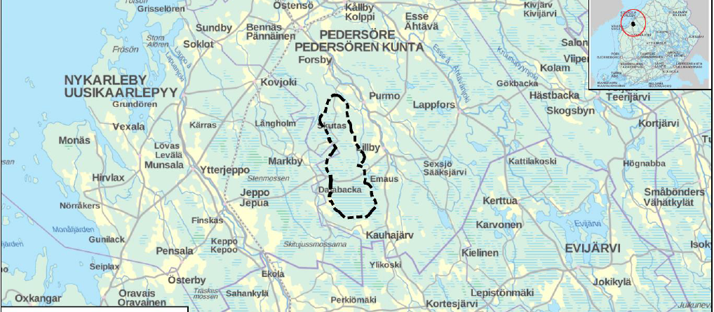 Kartan visar Purmo vindkraftsområde på den österbottniska kartan. Området sträcker sig väster om Sisbacka till väster om Åvist. Ytan är cirka 5 100 hektar.