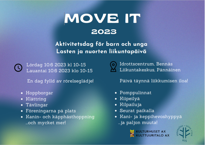 Annons om Move it, en aktivitetsdag som ordnas vid idrottscentret i Bennäs 10.6. 2023 kl. 10-15. 