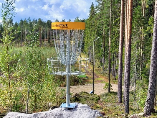 En frisbeegolfkorg på en sten i skogen.