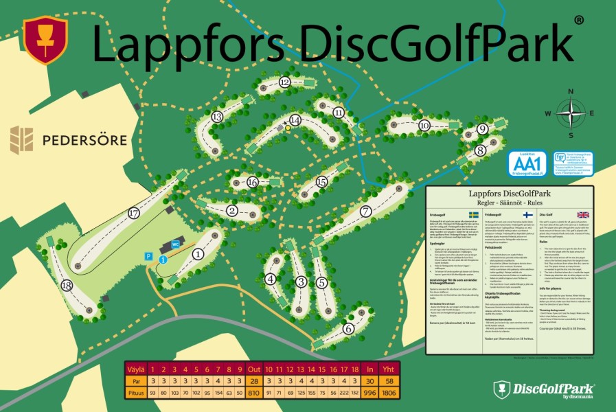 En informationskarta över Lappfors discgolf park. På kartan syns utkastplatserna längs frisbeegolfbanan. Kartan innehåller också spelregler.