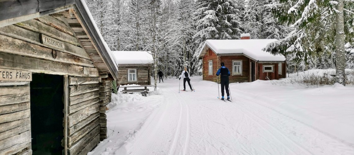 Skidspåret vid Fagerbacka fäbodsställe, två personer skidar mot skogen.