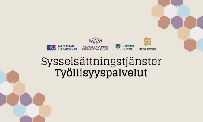 Jakobstadsregionens sysselsättningstjänsters logo, inklusive de fyra samarbetande kommunernas logon.