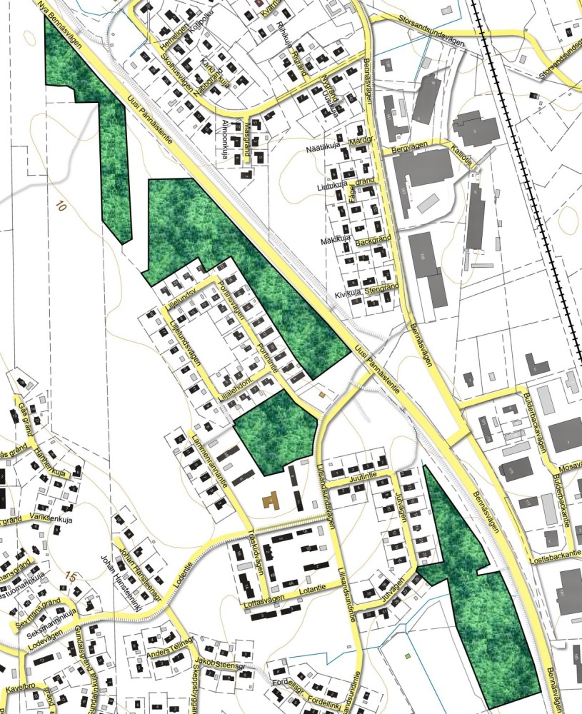 En karta som visar de fyra områden som kommunen gallrar skog på i Sandsund.