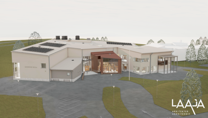 En skiss som visar hur Sandsund skola ska se ut. Den är lite v-formad med biblioteket i mitten.