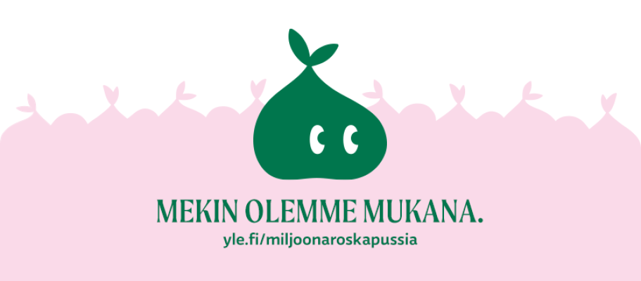 Ylen Miljoona jätespusseja -kampanjan suomenkielinen logo. Lisäteksti: Mekin olemme mukana, sekä roskapussilaskurin verkkosivuosoite.