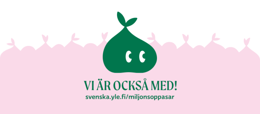 Ylen Miljoona jätespusseja -kampanjan ruotsinkielinen logo. Lisäteksti: Vi är också med, sekä roskapussilaskurin verkkosivu -osoite.