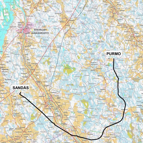 Kartta, jossa näkyy Sandåsin ja Purmon välisen uuden voimajohdon alustava reitti.
