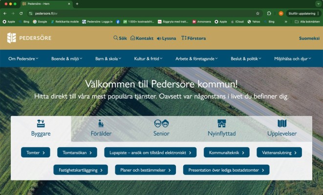 Pedersöre kommuns webbplats, startsidan.