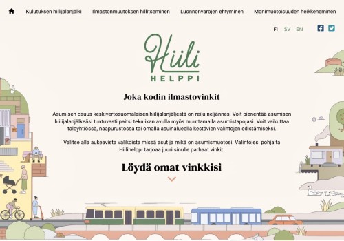 En skärmdump av webbplatsen Hiilihelppi.fi:s startsida, den finskspråkiga versionen. Sidan innehåller både grafik och text.