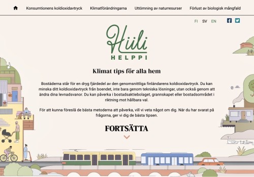 En skärmdump av webbplatsen Hiilihelppi.fi:s startsida. Sidan innehåller både grafik och text.