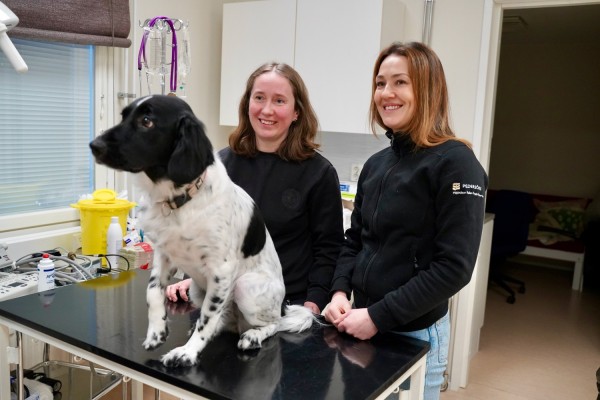 En hund sitter på ett undersökningsbord, de två kvinnliga veterinärerna står bredvid bordet.