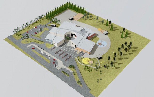 En skiss som visar Axåkers skola uppifrån, med delar av parkeringen och skolgården inräknad.
