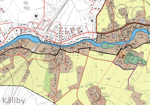 Detaljplankarta över Kållby där man ser olika markområden.