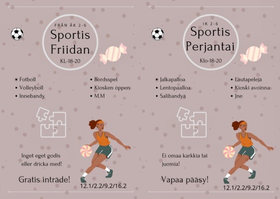En plansch som berättar om Sportis-Friidan. Samma information finns i texten. En tecknad basketspelande flicka nere till höger i bilden.