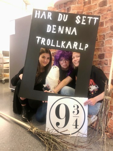 Tre personer håller i en skylt med texten "Har du sett denna trollkarl?". Personen i mitten har på sig en peruk.