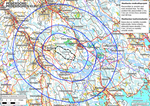 Kartan med blåa cirklar som visar avstånd från planområdet.