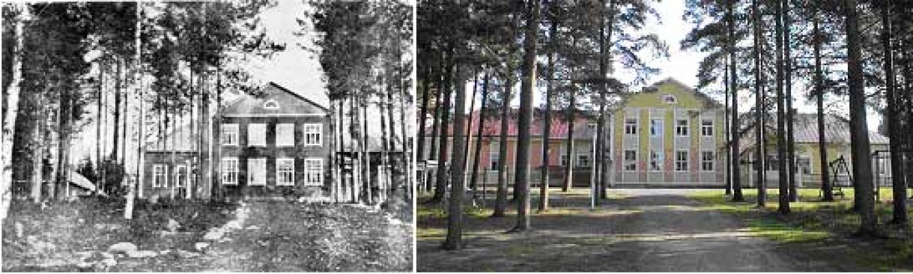 Till vänster i bilden ett gammalt foto av Kållby skola, till höger i bilden ett foto av Kållby skola i modern tid.