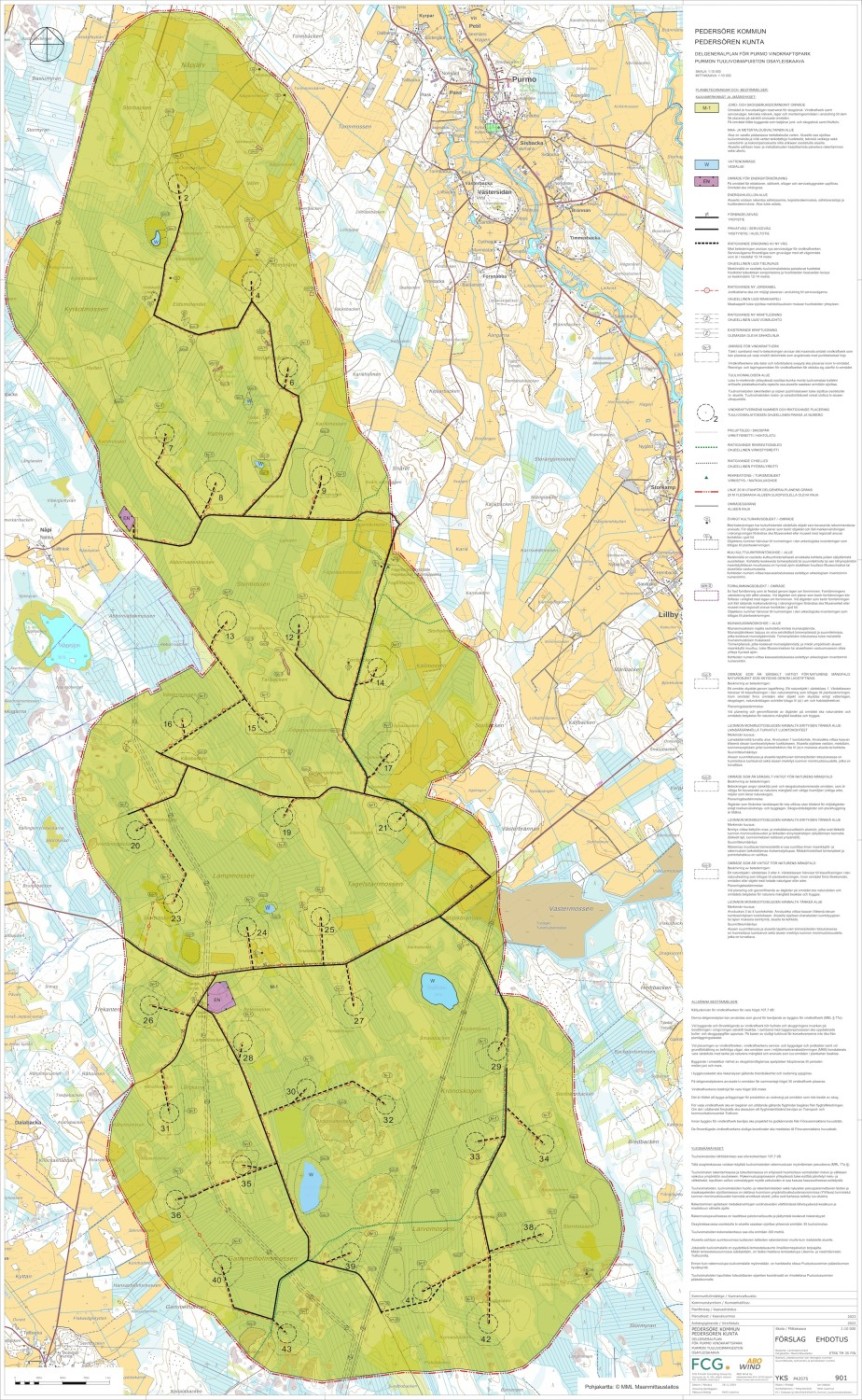 Kaavakartta, jossa näkyy koko tuulivoima-alue ja johon on merkitty 35 tuulivoimalan sijainti. Merkkien selitykset oikealla.