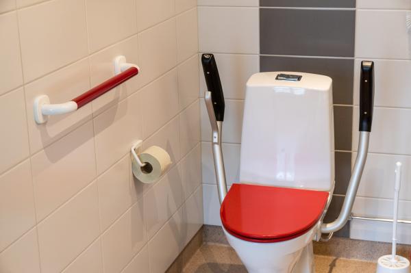 Vit toalettstol med rött lock. Ledståbgen på väggen är rödfärgad.